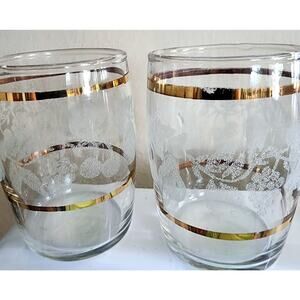 Bartlett Collins Juice Glasses Frosted Grapevine Cherries Fruit Gold Trim X 2